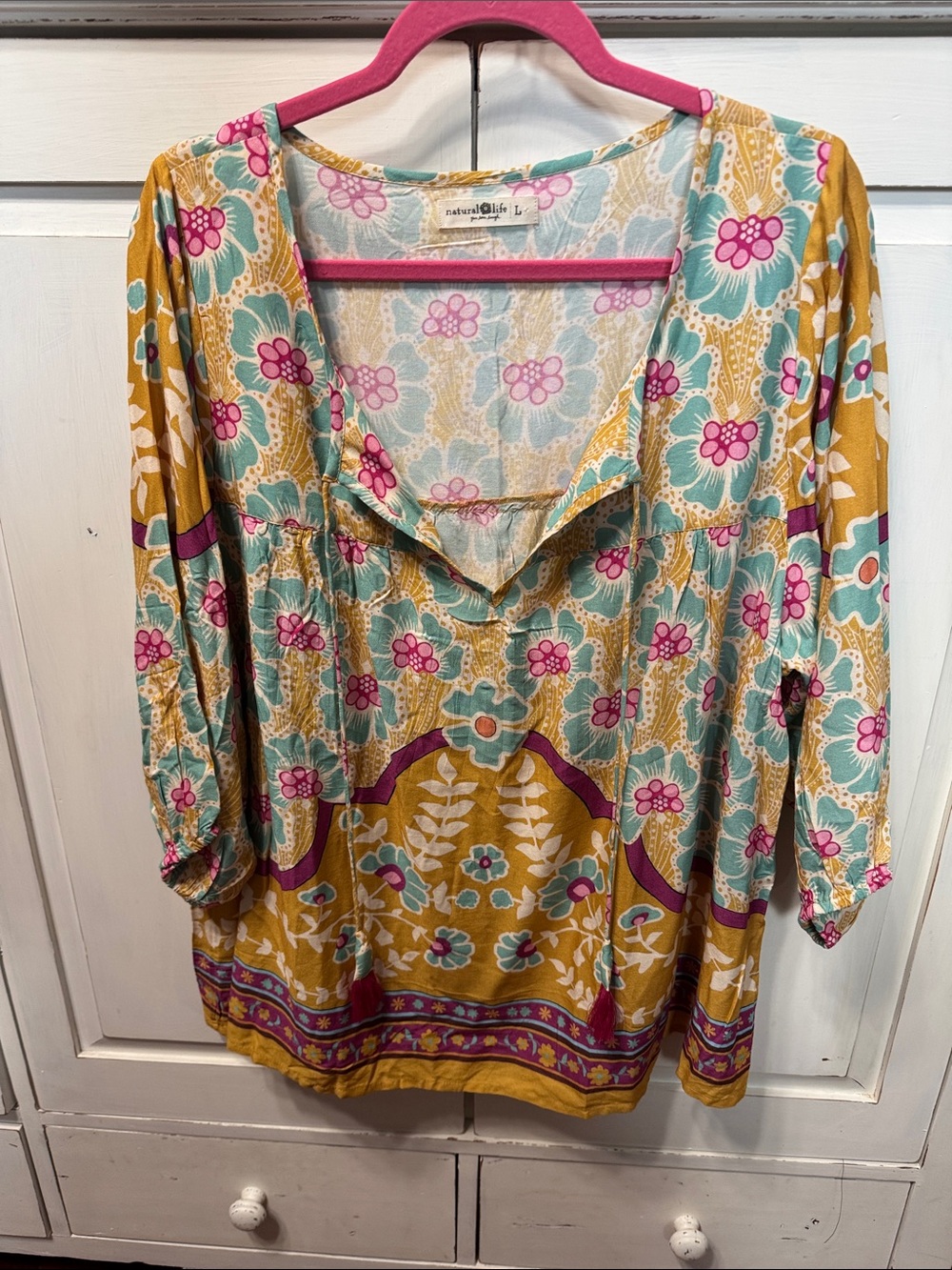 NATURAL LIFE Mustard, Teal & Pink Floral Boho Tunic